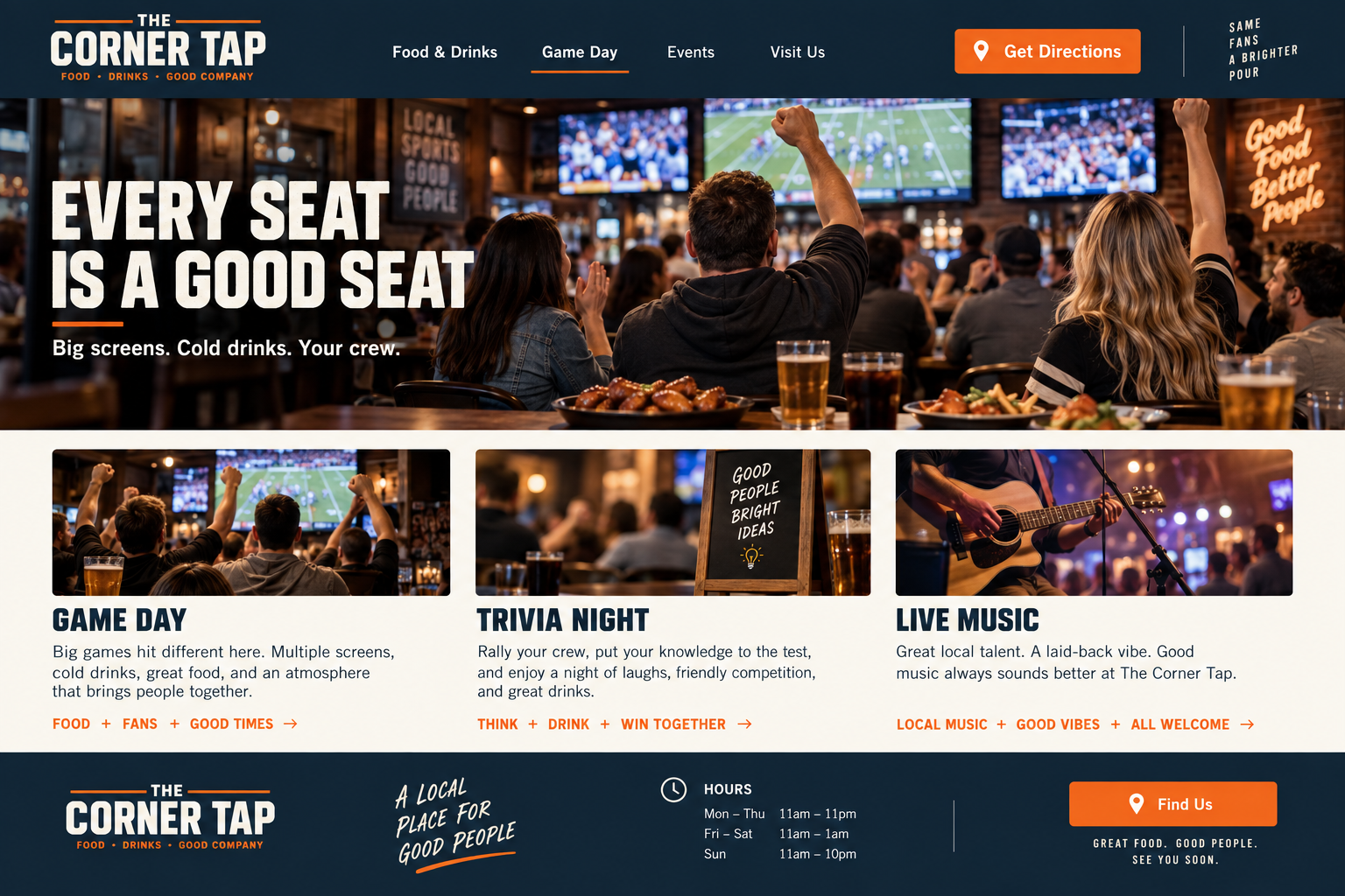 The Corner Tap fictional bar events page design