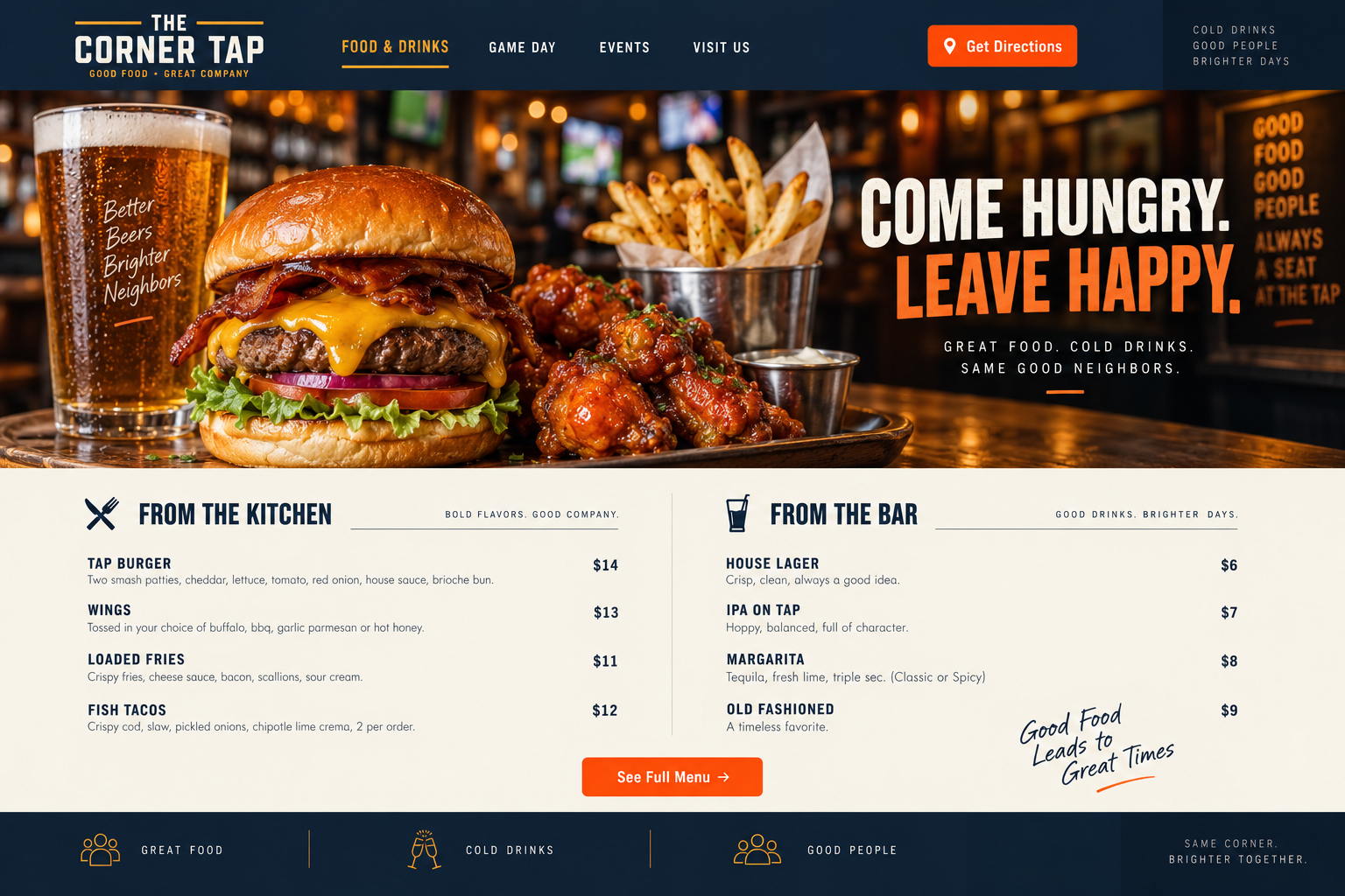 The Corner Tap fictional bar food and drinks design