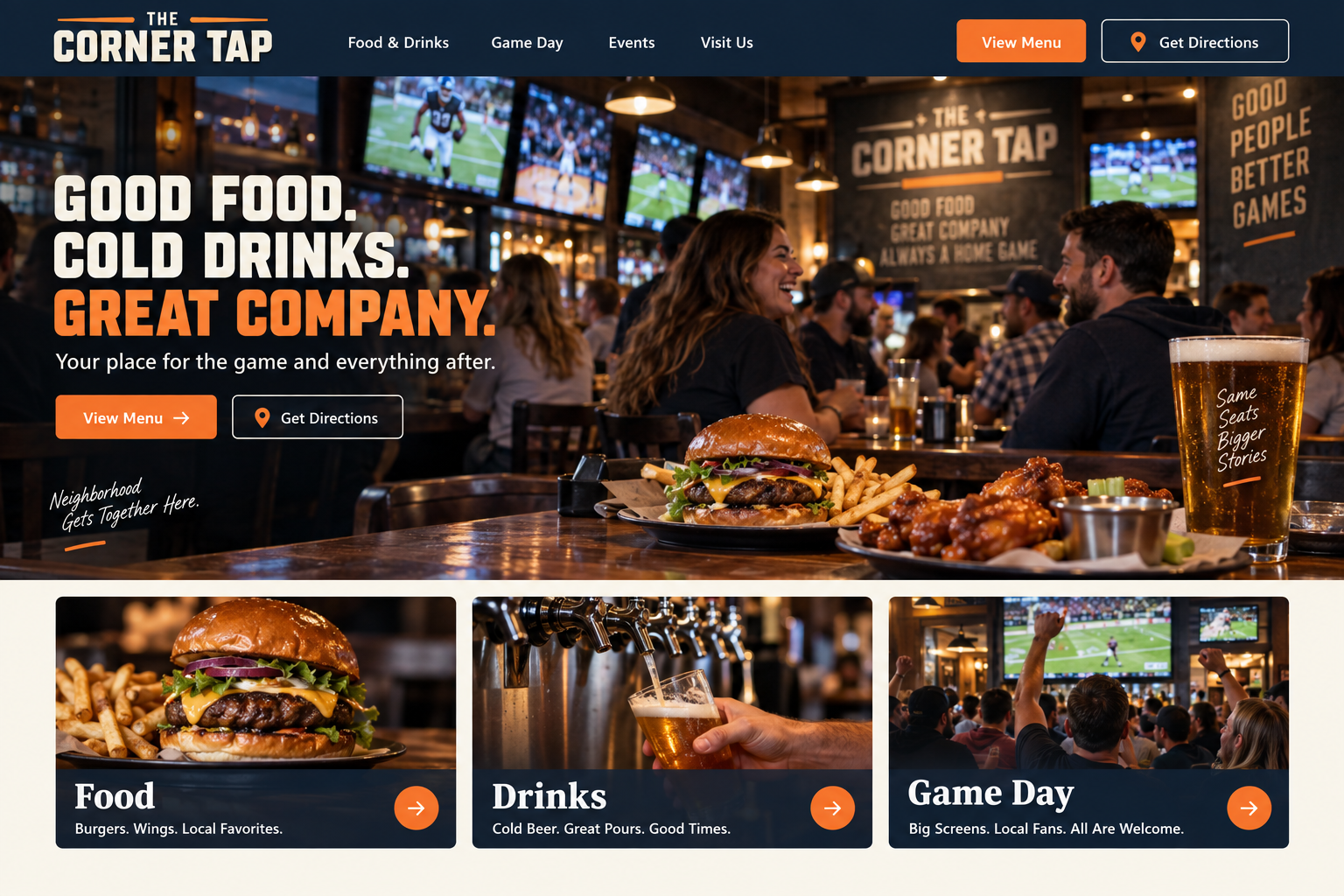 The Corner Tap fictional bar homepage design