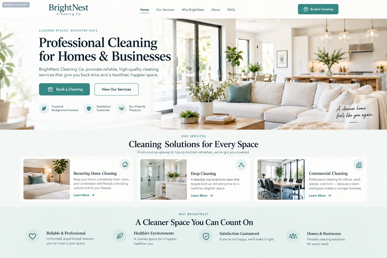 BrightNest Cleaning Co fictional website homepage design