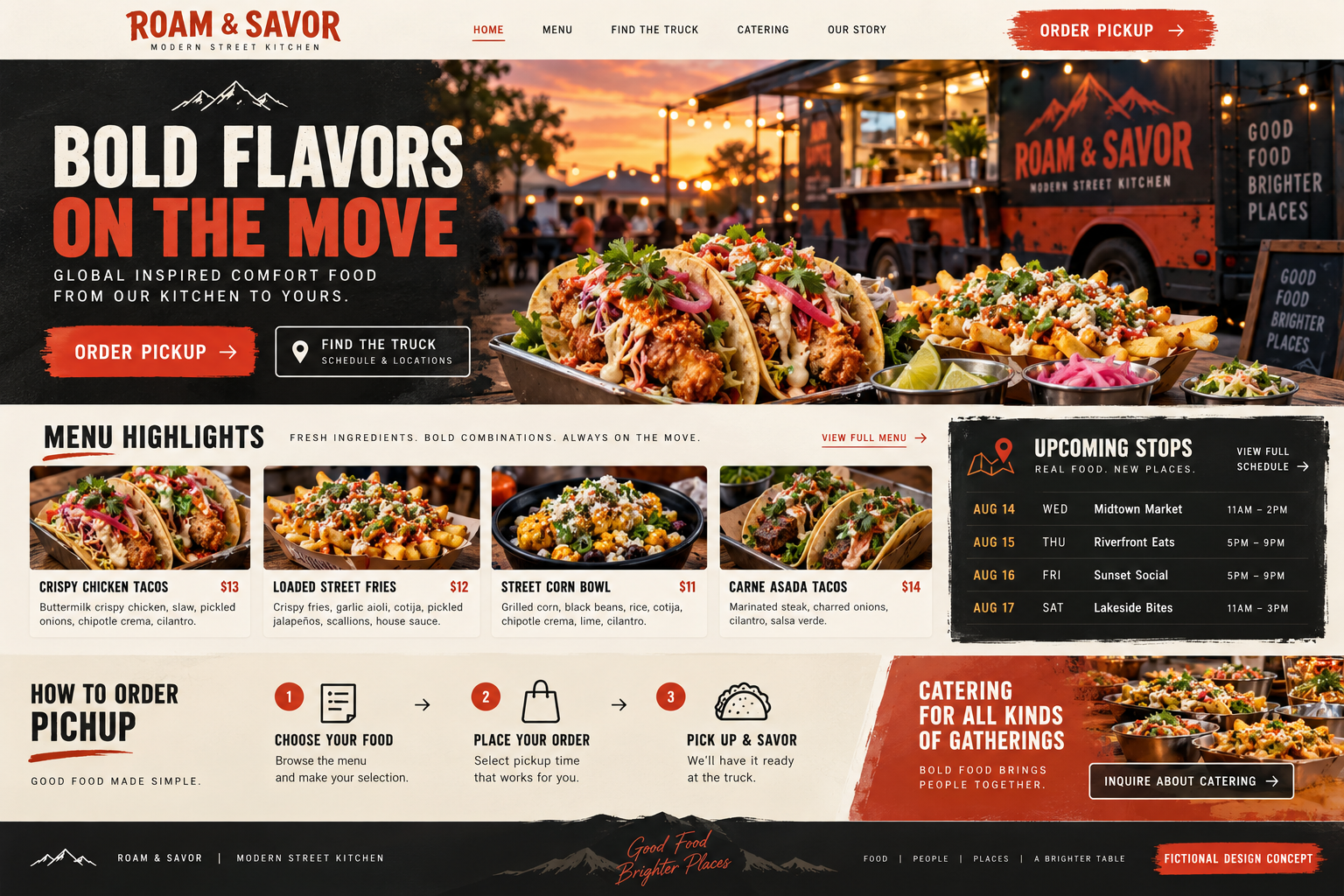 Roam and Savor fictional food truck website concept