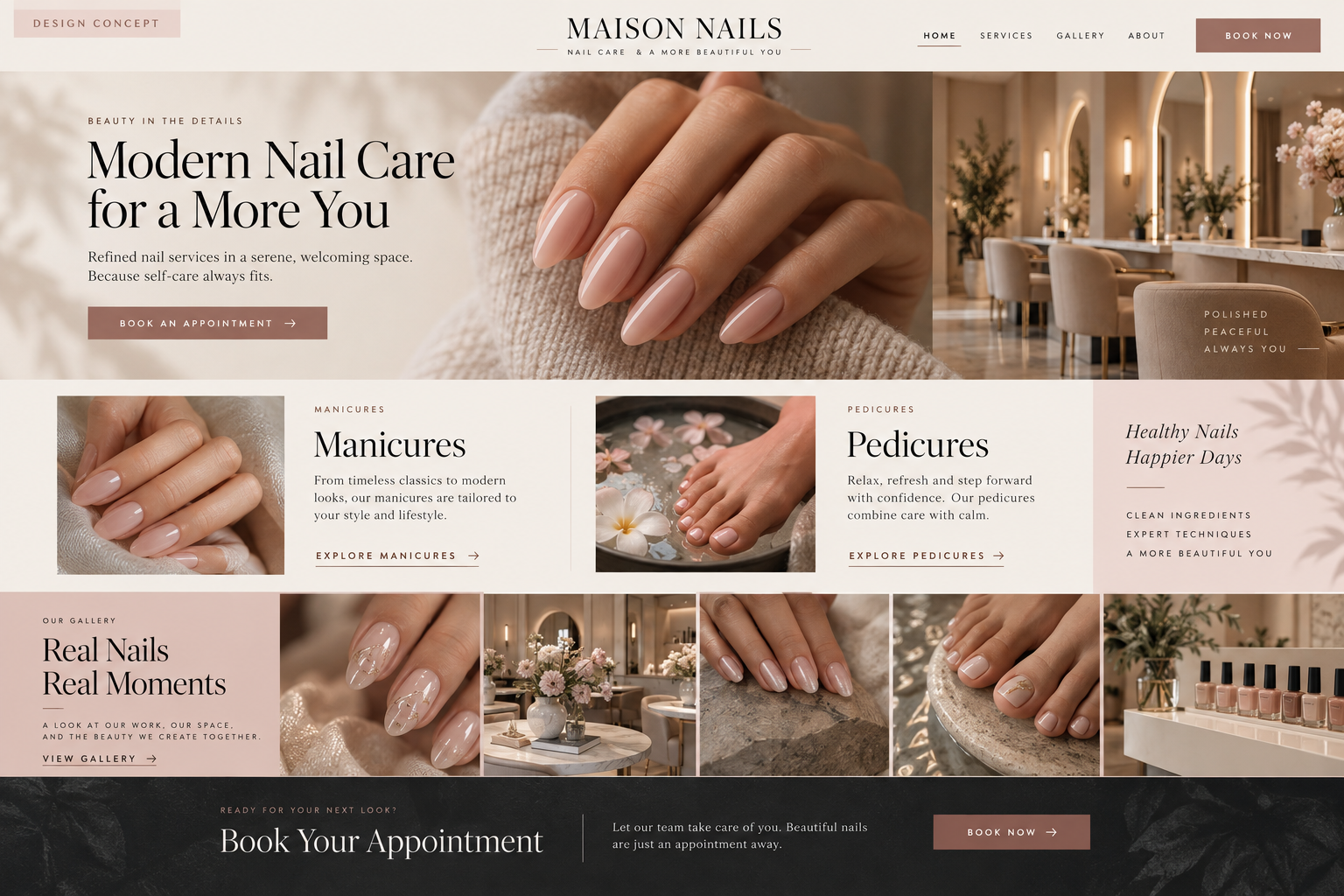 Maison Nails fictional website homepage design