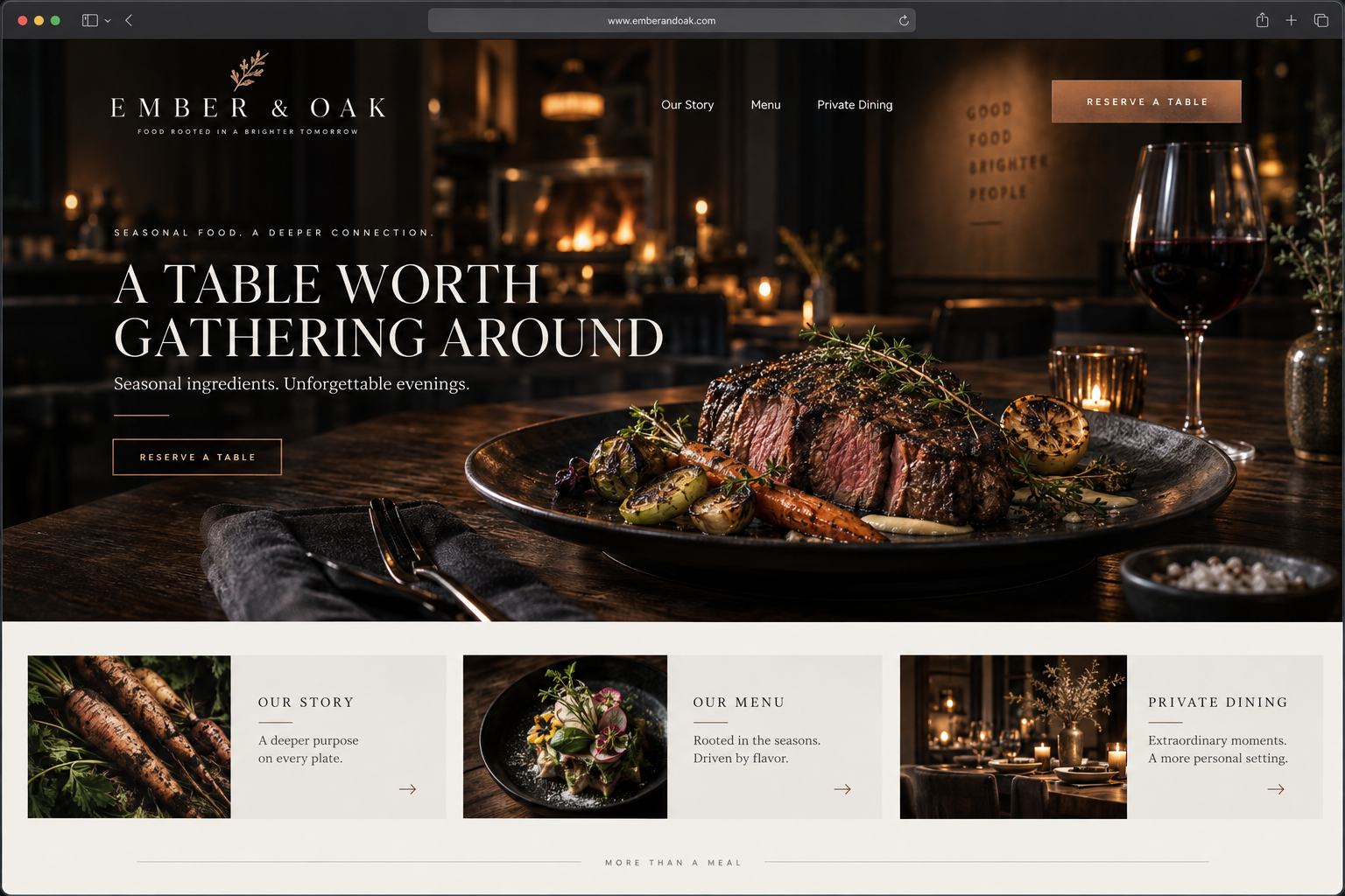 Ember & Oak restaurant homepage design concept