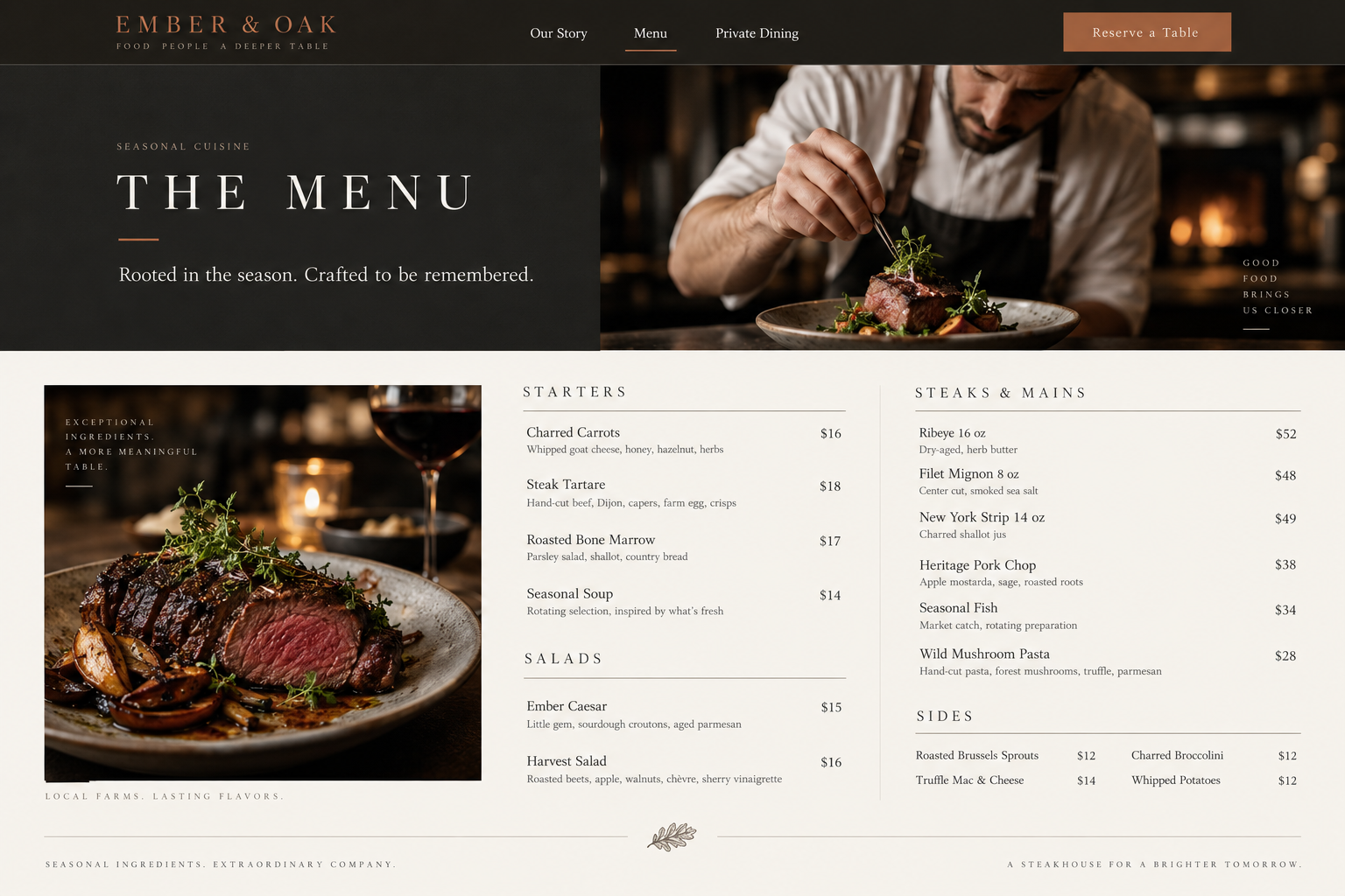 Ember & Oak fictional restaurant seasonal menu design