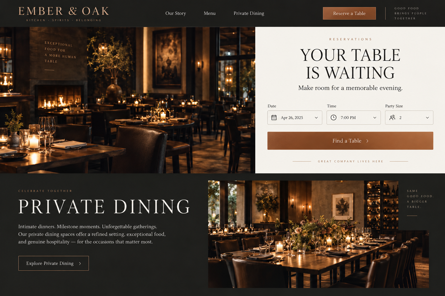 Ember & Oak fictional restaurant reservations design